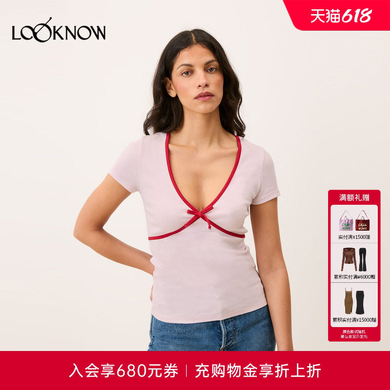 Rouje x LOOKNOW2026春季新款多色V领蝴蝶结T恤