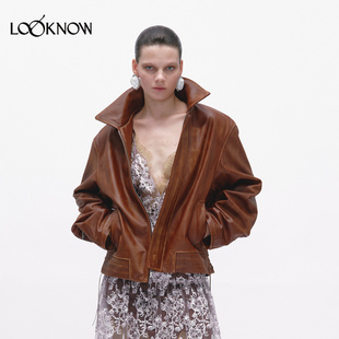JACQUES WEI x LOOKNOW2026春夏新品赭石色做旧擦色机车夹克