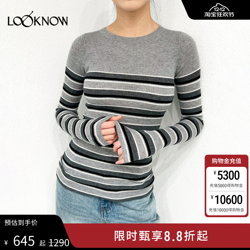 IF BY LAND设计师品牌LOOKNOW2024冬季新条纹撞色圆领羊毛打底衫