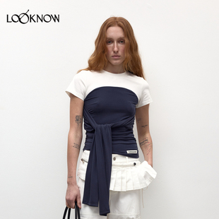 madeinnormal設(shè)計(jì)師品牌LOOKNOW25春新藍(lán)白拼色綁帶收腰顯瘦T恤女