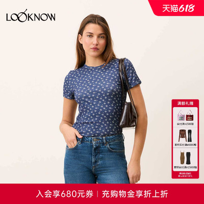 Rouje x LOOKNOW2026春季新款深蓝色碎花T恤女