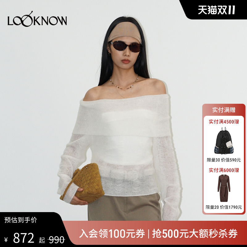 halfmoon X LOOKNOW25秋冬新品米白色漏针针法一字领针织衫女
