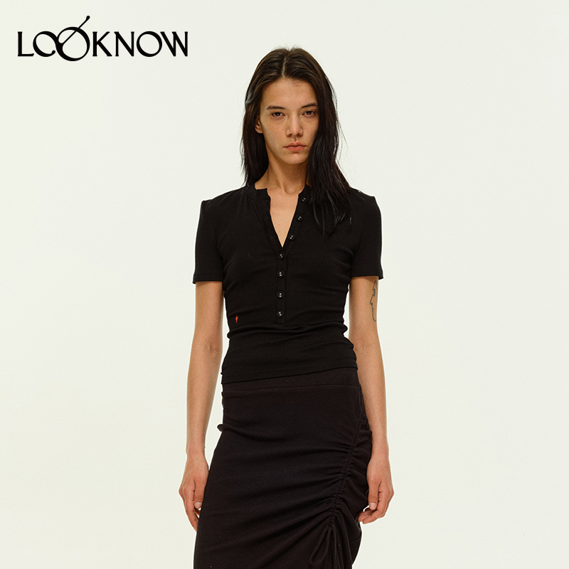 madeinnormal黑色包扣短袖针织衫