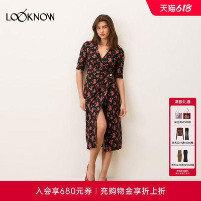 Rouje x LOOKNOW2026春季新款黑色碎花V领连衣裙