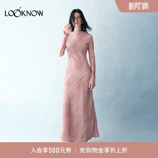 LOOKNOW2026春夏烟粉诗意长袖 连衣裙长裙设计感女 sense