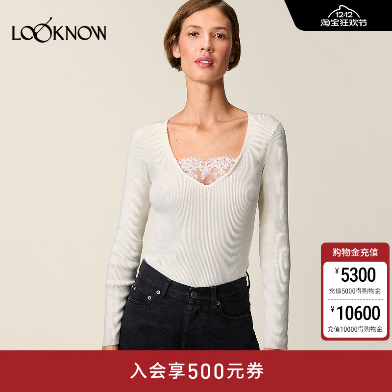 Rouje X LOOKNOW2025年秋季新款V领蕾丝长袖针织衫女