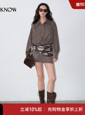 IF BY LAND X LOOKNOW2025秋新款灰色假两件丝巾点缀衬衫连衣裙女