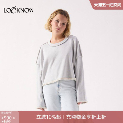 american vintage LOOKNOW26春季新品浅灰色圆领短款卫衣