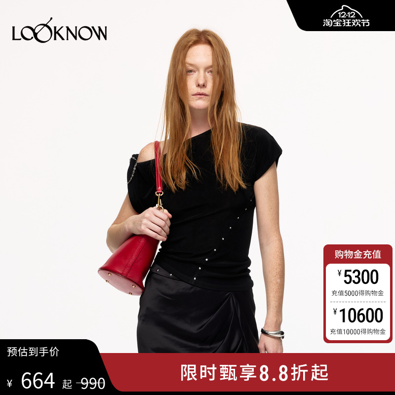 IFBYLAND黑色斜肩纽结短袖T恤