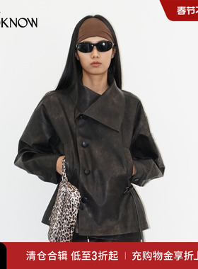 madeinormal X LOOKNOW2025秋冬新款黑色大翻领仿皮风衣抽绳外套