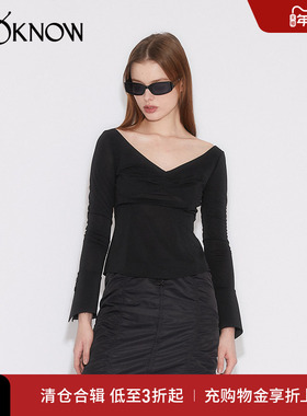 MING MA设计师品牌LOOKNOW 春夏黑色V领褶饰长袖t恤上衣