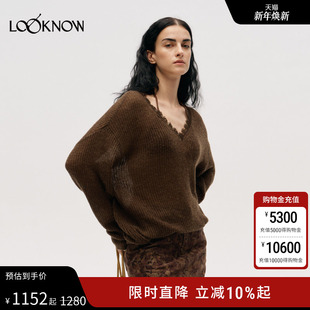 花边V领宽松针织衫 ICE LOOKNOW设计师品牌2025秋冬新款 女 DUST