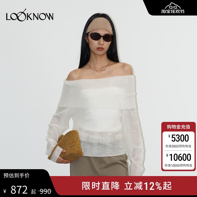 halfmoon X LOOKNOW25秋冬新品米白色漏针针法一字领针织衫女