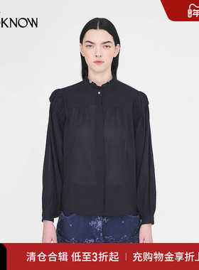 ANTIK BATIK x LOOKNOW25年秋季新款深蓝色花边泡泡袖衬衫女