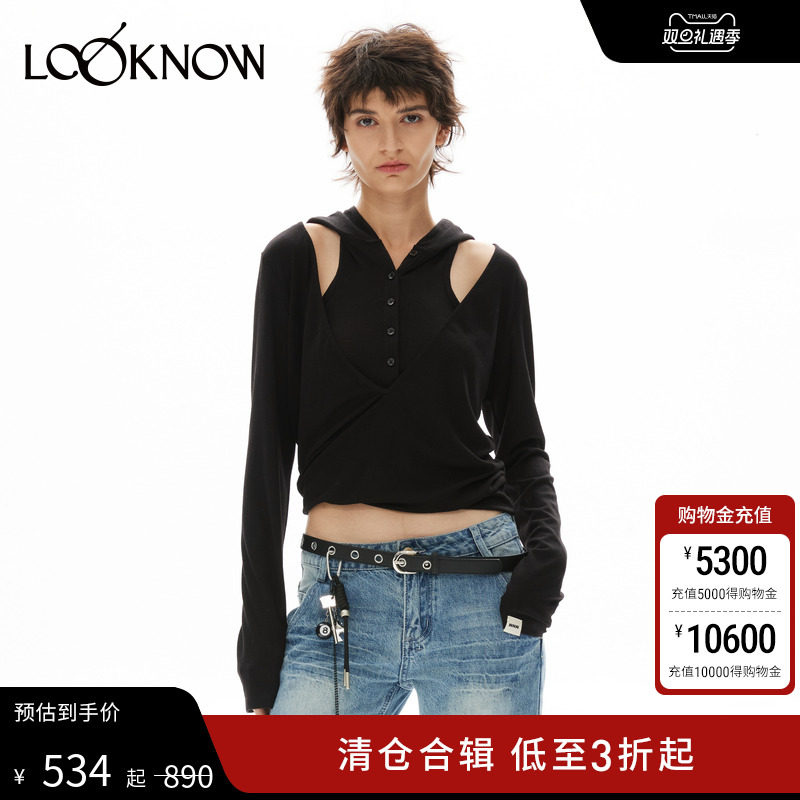 madeinormal设计师品牌LOOKNOW秋季新款黑色连帽v领针织衫