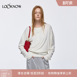 EASECORE系列LOOKNOW2025春米白色不规则剪裁长袖 LAND T恤