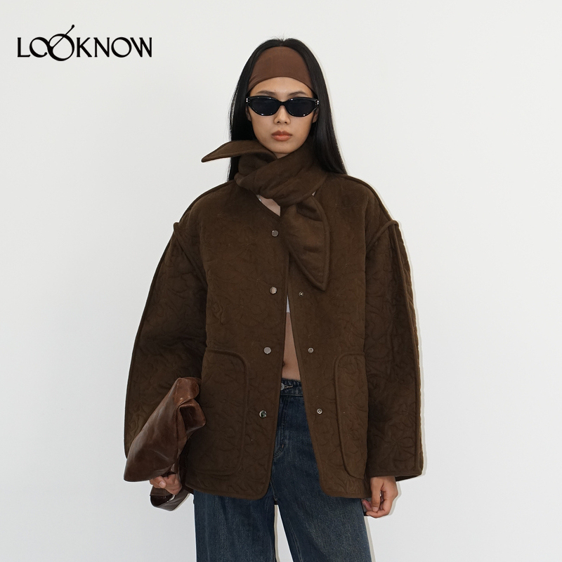 IF BY LAND X LOOKNOW2025秋冬新款深绿色可拆卸围巾棉服女