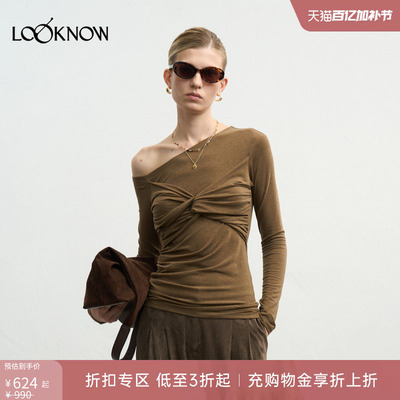 halfmoon X LOOKNOW新款黄绿色胸前纽结斜肩T恤女