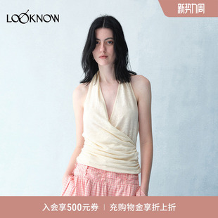LOOKNOW2026春夏新品 米白轻松V领挂脖上衣设计感女 sense