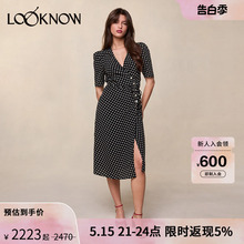 ROUJE设计师品牌LOOKNOW春夏24新款黑色波点茶歇法式连衣裙女