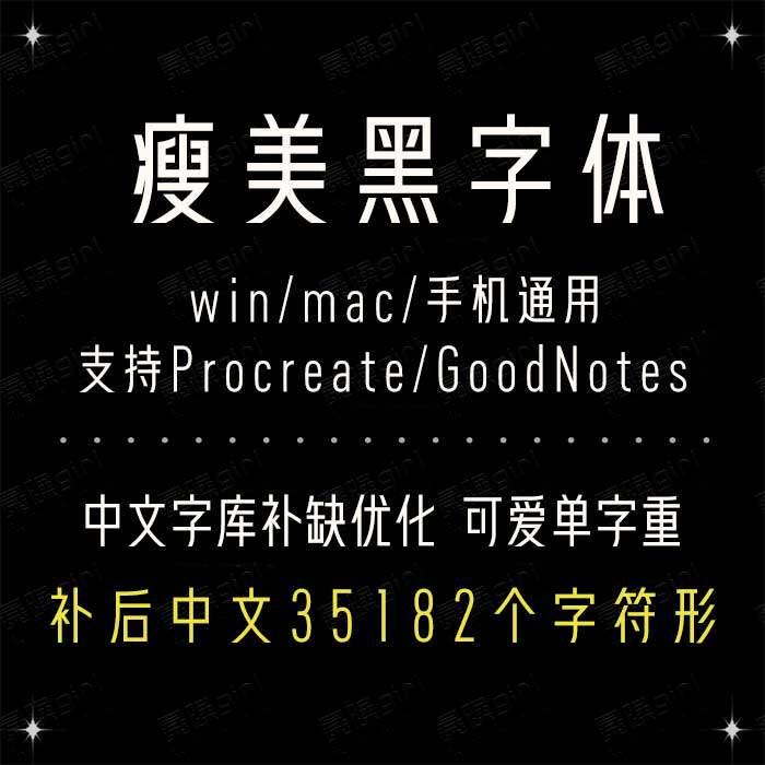 Procreate/Win/GoodNotes/Mac通用 瘦美黑优雅简繁手账字体精修版