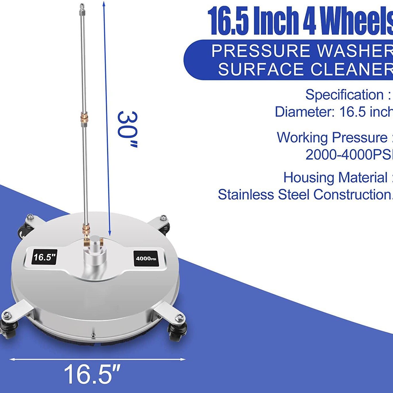 清洗机高压不锈钢洗地盘16.5英寸表面清洗器4轮洗地器4000psi
