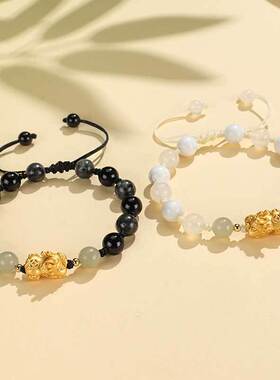 999银貔貅和田玉黑玛瑙串珠情侣手链女国风新中式白玛瑙手绳手串