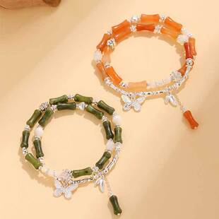 马蹄贝珠双圈竹节串珠粉水晶手链女新中式黄东陵橄榄玉手串