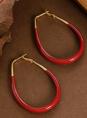 银针跨境时尚精致欧美风红色滴油几何椭圆耳环大气夸张时髦耳饰女