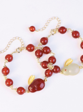 【前兔无量】天然和田玉玉兔手链女14K镀金红玛瑙尾链延长链串珠