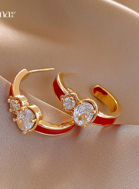 18k真金电镀银针红色滴油锆石葫芦耳钉新中式耳环轻奢感耳饰