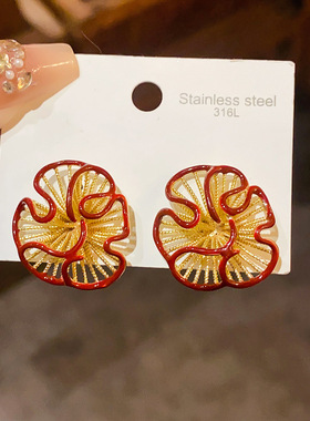 18k真金电镀滴油花朵耳钉时尚潮流红色耳环轻奢感百搭耳饰女