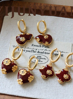 新年新中式气质百搭红色滴油珐琅爱心耳环轻奢感马年耳饰女