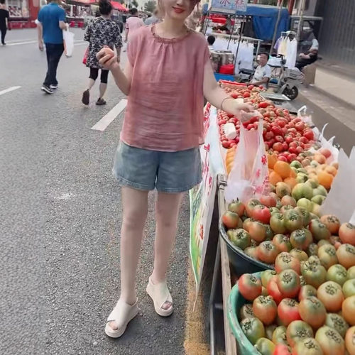 25815新大爱美依缘2025夏季新花边领减龄宽松上衣高腰牛仔短裤女