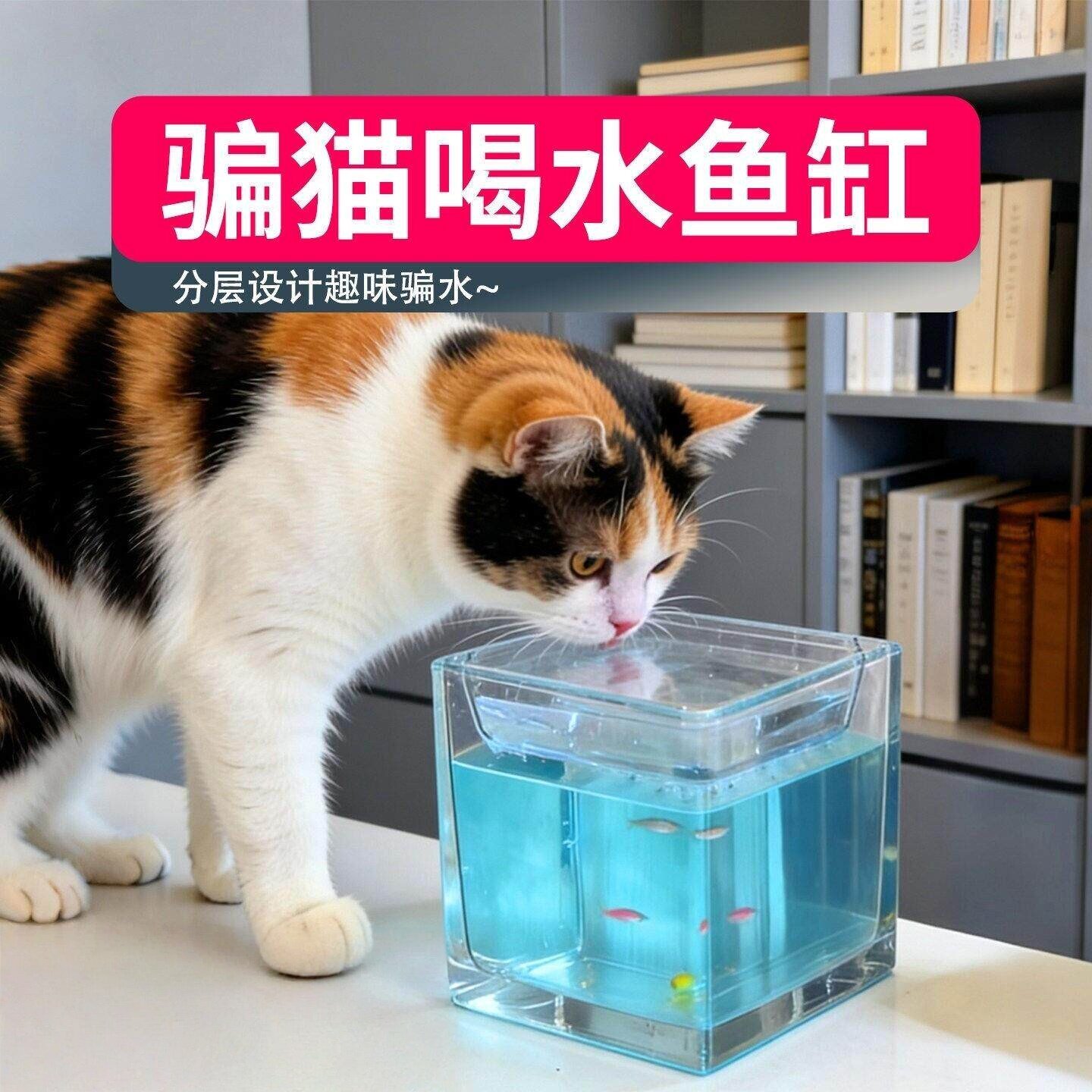 2026新型鱼缸猫咪喝水神器观赏小猫电视机观景骗水水碗防打翻新款