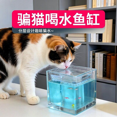 2026新型鱼缸猫咪喝水神器观赏小猫电视机观景骗水水碗防打翻新款