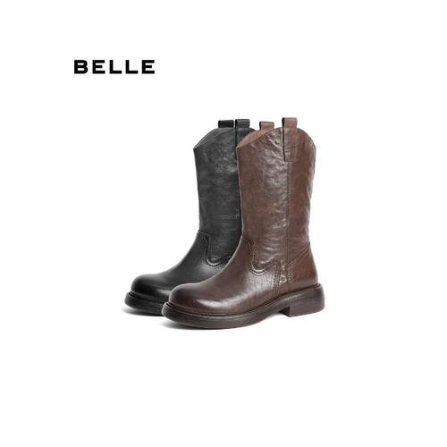 专柜正品百丽复古时尚西部靴女2024冬新显瘦中筒靴B2395DG4