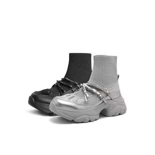 百丽Belle女鞋 短靴B2264DZ4 子厚底芭蕾风弹力袜靴24冬银色老爹鞋