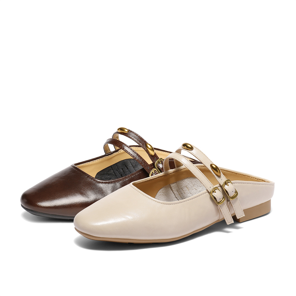 森达小金豆穆勒女鞋25夏商场皱皮配裙子平底半拖包头凉鞋XPL01BH5