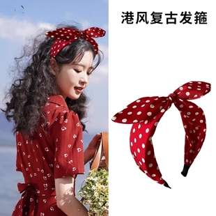 港风复古怀旧红色波点宽发箍儿童头巾头饰女款蝴蝶结发饰头箍配饰