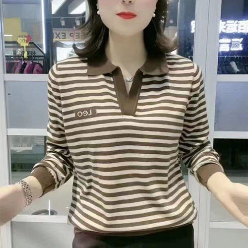 长袖翻领条纹打底上衣女