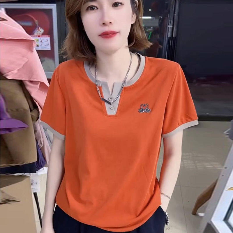 短袖V领T恤女夏季新款大码洋气妈妈装宽松遮肚显瘦百搭上衣体恤衫