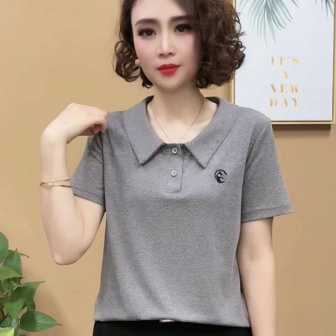 短袖polo衫女夏季新款休闲气质妈妈装翻领t恤大码百搭运动上衣女