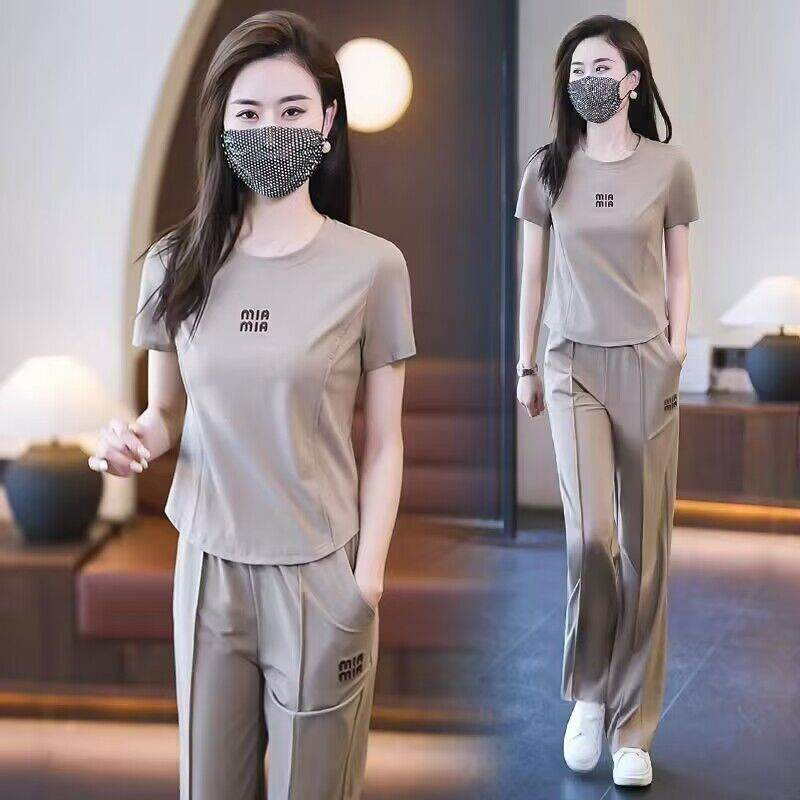 休闲运动套装女夏装新款时尚显瘦中年妈妈短袖长裤跑步服两件套潮