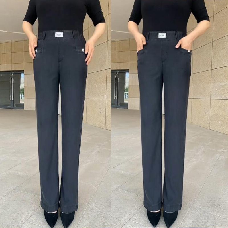 秋季女士宽松直筒牛仔裤休闲裤长裤子口袋高腰弹力显瘦妈妈中老年