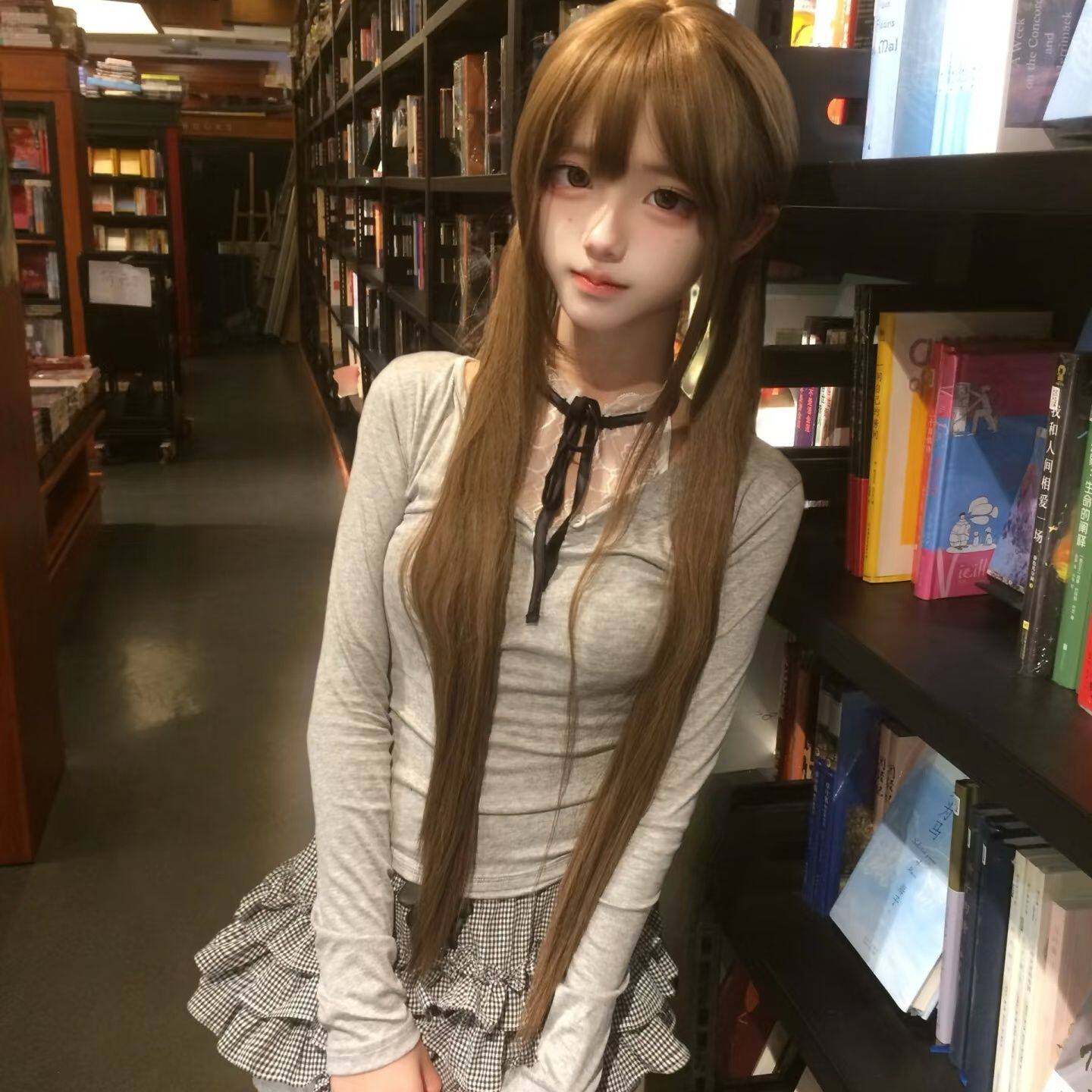 冰冷心事假发女长直发蜜茶亚麻色加长款80cm日常Lolita学生全头套