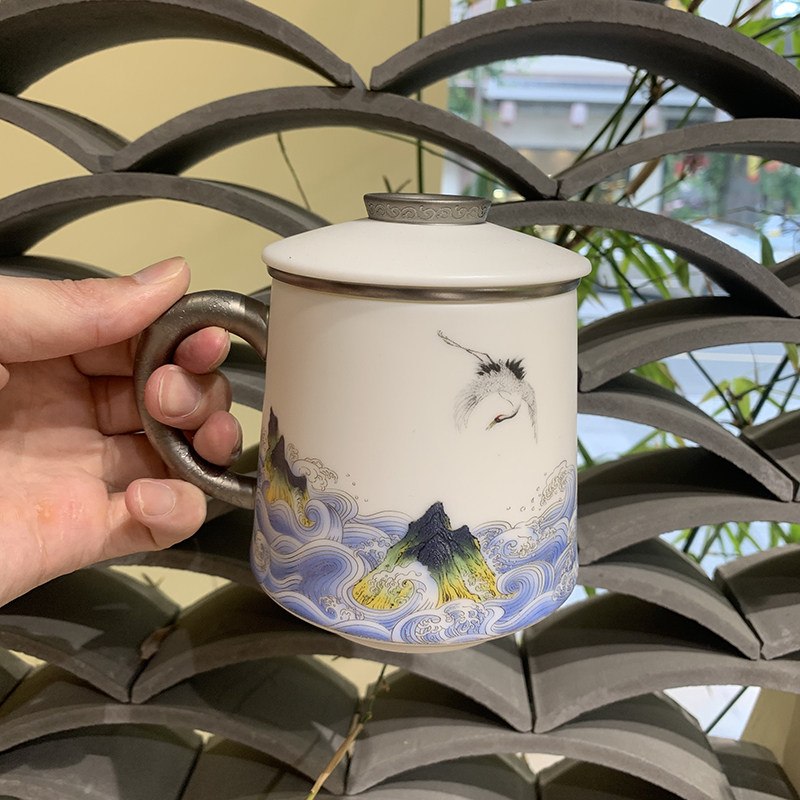 瓷语颠 渡景山房白瓷家用陶瓷水杯办公杯茶水分离马克杯泡茶