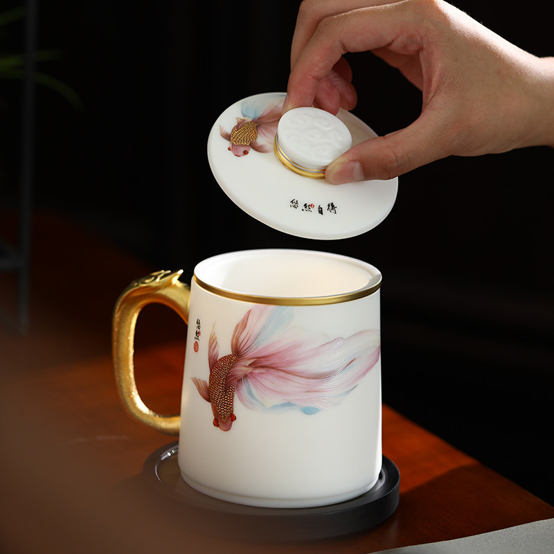 瓷语颠 渡景山房白瓷办公杯陶瓷个人水杯茶杯分离男士泡茶杯