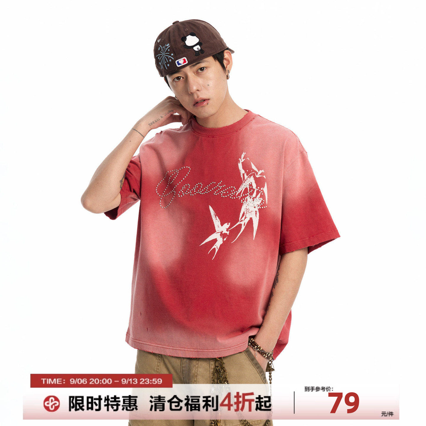 美式复古水洗做旧烫钻燕子T恤男图片
