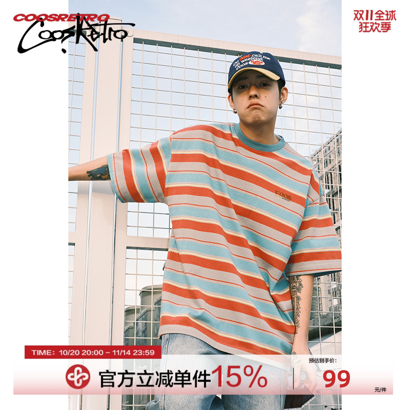 CoosRetro美式复古280g彩色条纹短袖T恤男夏潮牌宽松休闲半袖上衣
